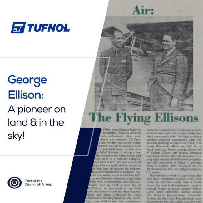 Tufnol Templates 1 (linkedin) (2) Two men stand beside a small plane; text reads: The Flying Ellisons—A pioneer on land & in the sky!.