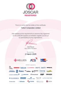 JOSCAR certificate for Tufnol Composites Limited, renewed until 2 March 2025, with various company logos at the bottom.