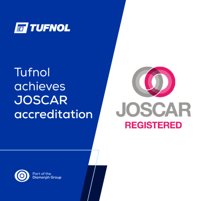 Tufnol_JOSCAR_Featured-Image_1080x1080-01 Tufnol achieves JOSCAR accreditation, displaying JOSCAR Registered logo and Diamorph Group branding.