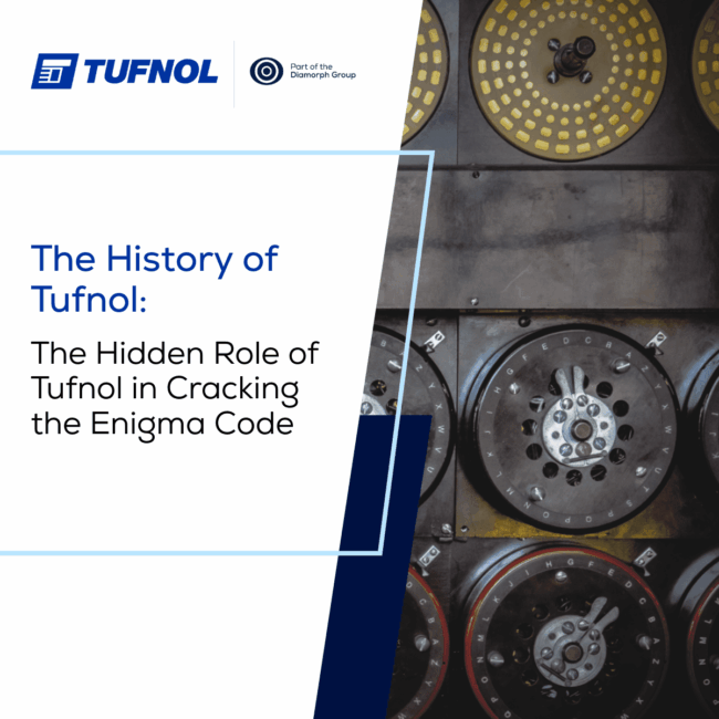 Collage of Enigma machine rotors with text on Tufnol’s codebreaking in the Enigma Code.